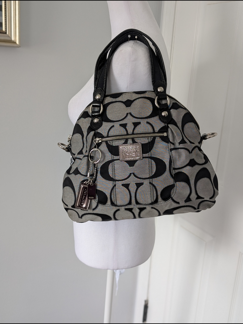 Coach Poppy Black and Grey Signature C Dome Satchel with Poppy Bag Charms
